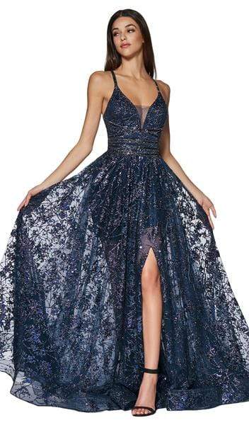 Cinderella Divine - Glitter Print A-Line Gown with Slit CM9015 - 1 pc Navy in Size 10 Available CCSALE 14 / Navy