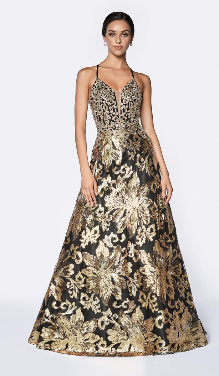 Cinderella Divine - Intricate Sequined V-Neck A-line Dress ML923 CCSALE 2X / Gold/Black