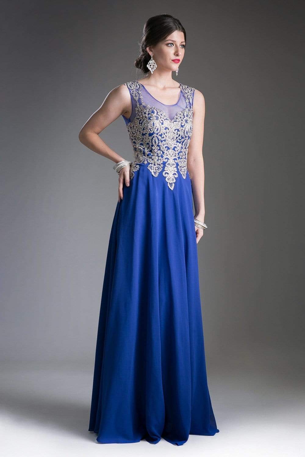 Cinderella Divine - Jeweled Metallic Lace Illusion A-Line Evening Gown ...