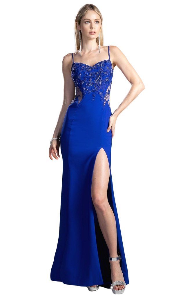 Cinderella Divine - JS0403 Bead Embroidered Jersey Sheath Prom Dress CCSALE 12 / Royal