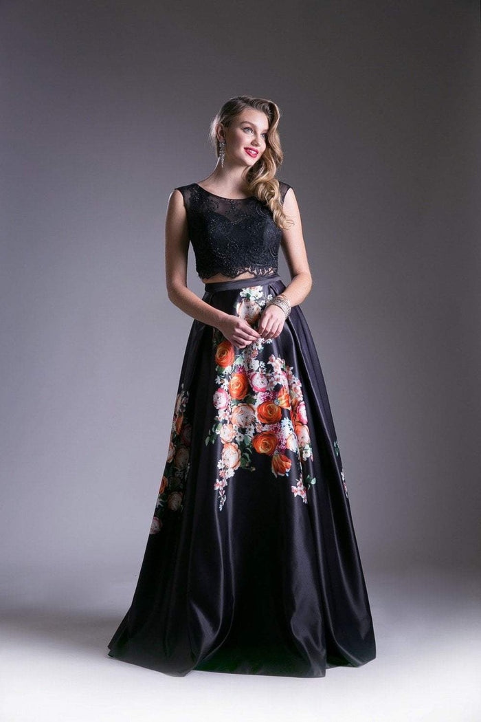 Cinderella Divine - KC1813 Beaded Lace Two Piece Floral Satin Gown Special Occasion Dress 4 / Print