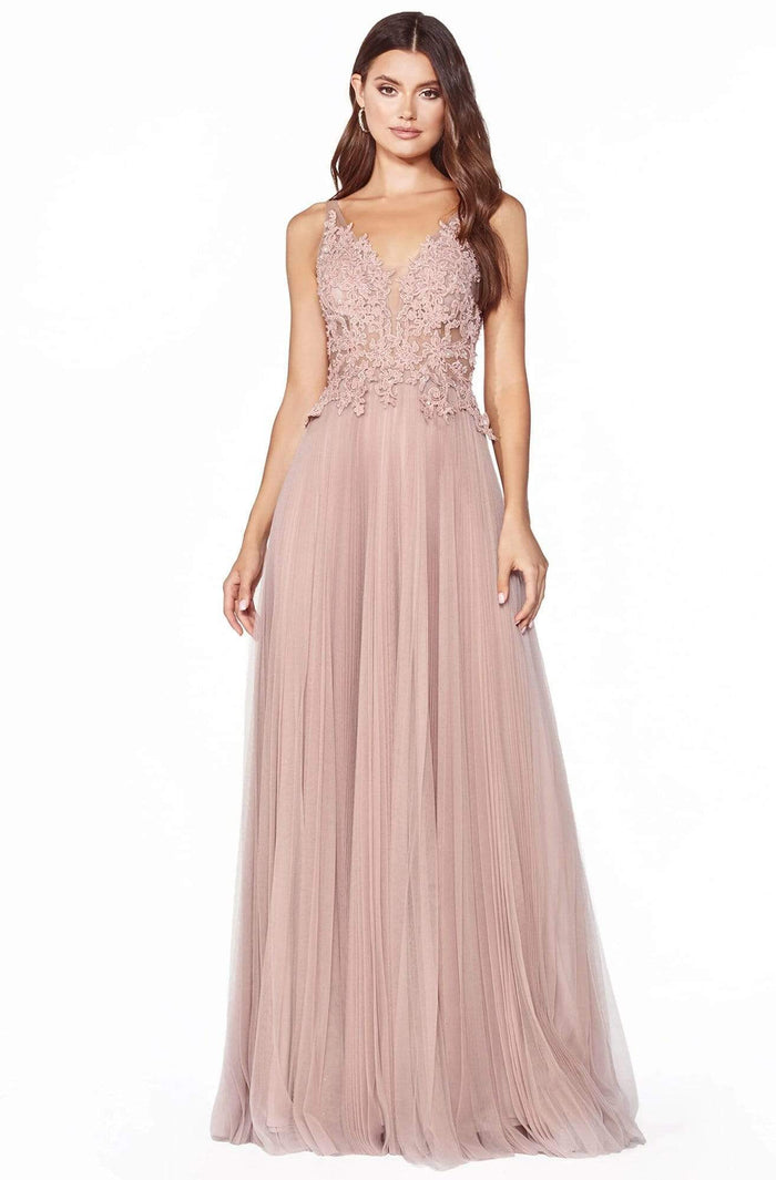 Cinderella Divine - Lace Appliqued V-Neck Long Dress CJ536 - 1 pc Dusty Rose In Size 6 Available CCSALE 6 / Dusty Rose