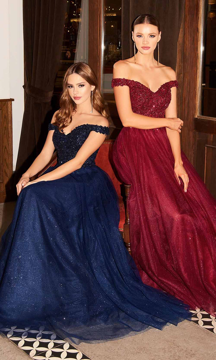 Cinderella Divine - Lace Off Shoulder Prom Gown CD0177 - 1 pc Burgundy In Size L Available CCSALE L / Burgundy