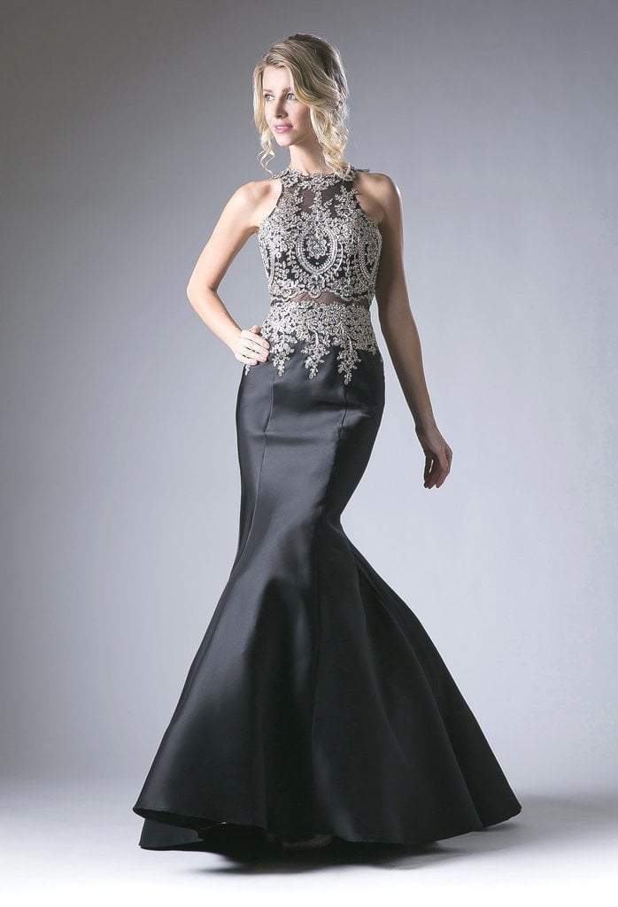 Cinderella Divine Metallic Lace Illusion High Neck Mermaid Evening Dress CCSALE 8 / Black