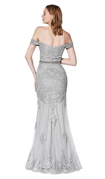 Cinderella Divine - Off Shoulder Beaded Lace Appliqued Gown AM122 - 1 pc Silver In Size 4 and 1 Pc Burgundy in Size 4 Available CCSALE 4 / Silver