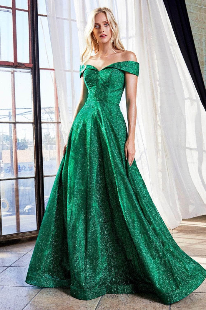 Cinderella Divine - Off-Shoulder Sparkly Glitter Evening Gown CB050SC - 1 pc Emerald In Size 6 Available CCSALE 6 / Emerald