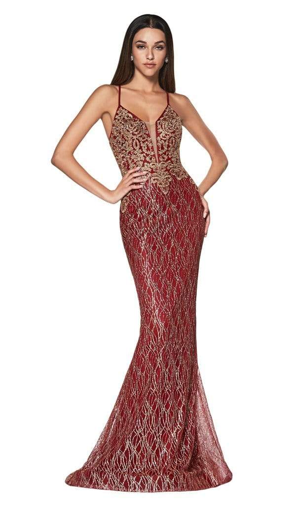 Cinderella Divine - Sleeveless V-Neck Glitter Lace Mermaid Gown ML934 CCSALE S / Burgundy