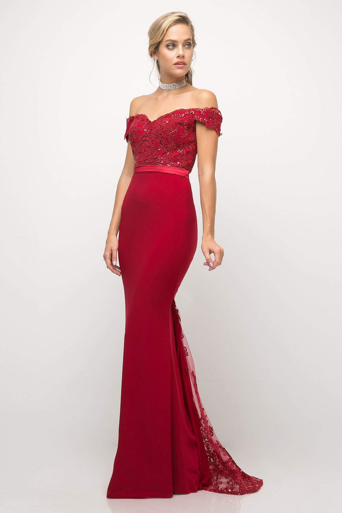 Cinderella Divine - UV001 Beaded Lace Off-Shoulder Bodice Mermaid Evening Gown  - 1 Pc. Deep Red in size 4 Available CCSALE 4 / Deep Red