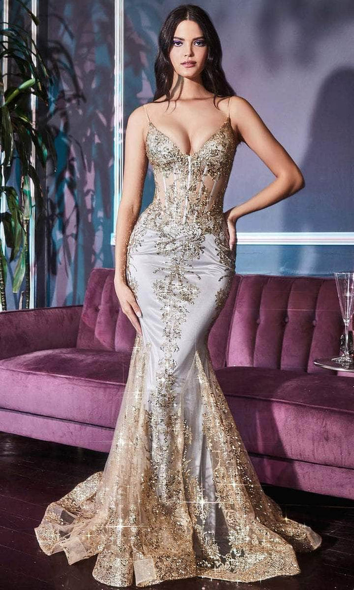 Cinderella Divine - V-Neck Glitter Lace Evening Gown J810 CCSALE 16 / Gold-Mist