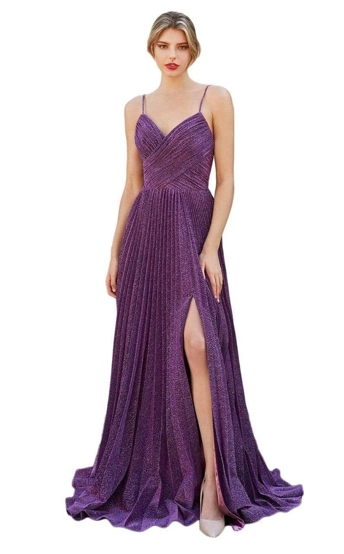 Cinderella Divine - V Neck Pleated Metallic A-Line Dress CJ534 - 2 pc Eggplant In Size 6 and 12 Available CCSALE