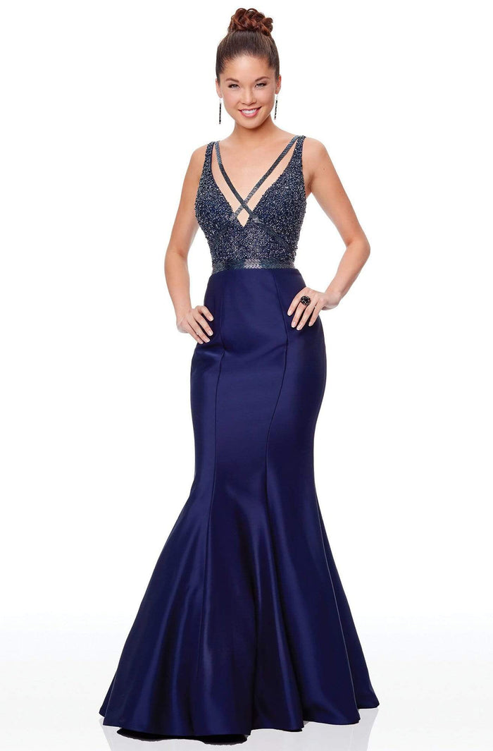 Clarisse - 5027 Beaded Plunging V-neck Mermaid Dress Special Occasion Dress 0 / Midnight Blue