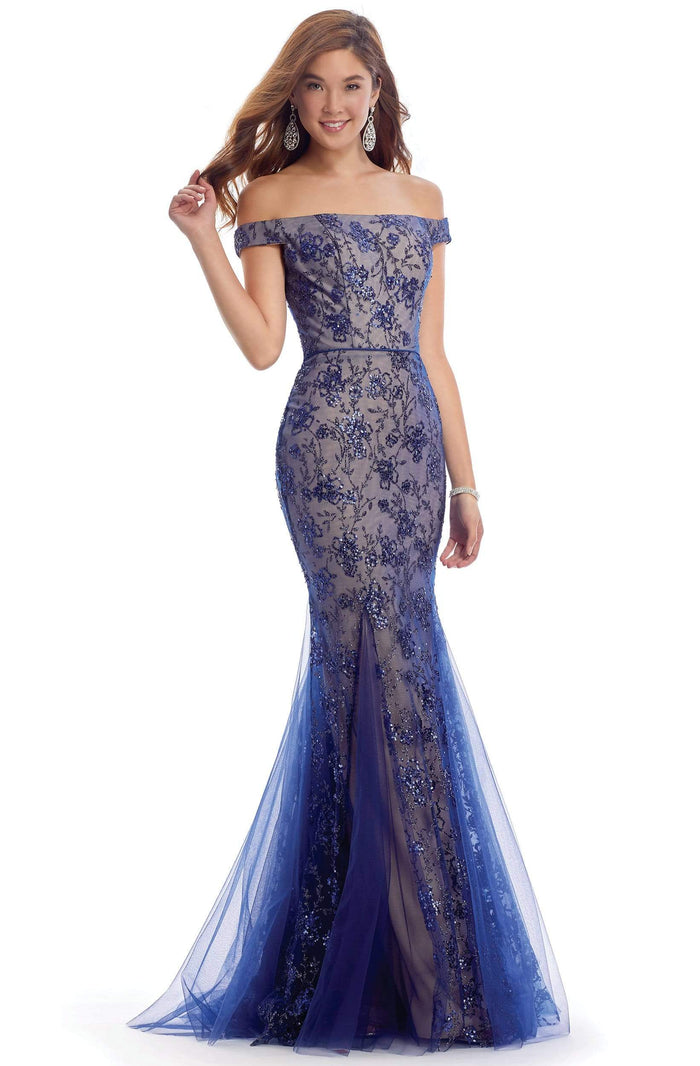 Clarisse - 8014 Off-Shoulder Lace-Up Back Sequined Sheath Dress Prom Dresses 0 / Navy/Nude