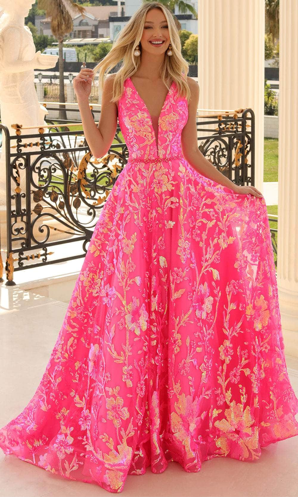 Clarisse 810458 - V-Neck Floral Sequin Ballgown