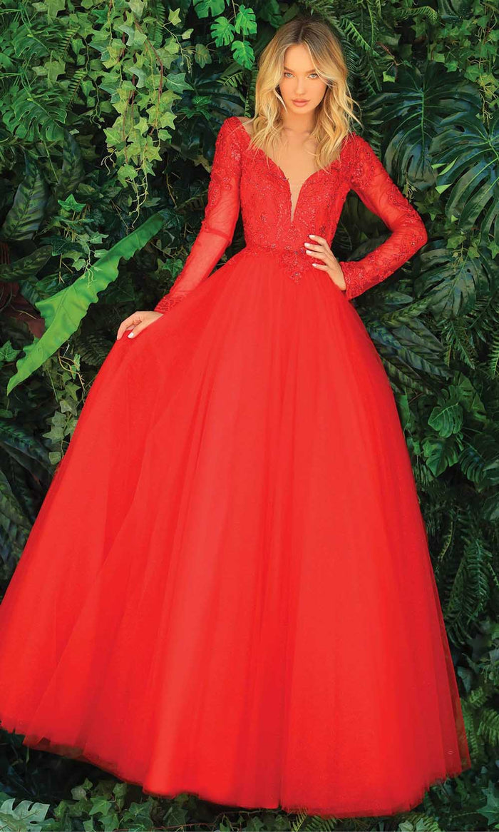 Clarisse - Long Sleeve Lace A-Line Evening Gown 810289
 - 1 pc Red In Size 14 Available CCSALE 14 / Red