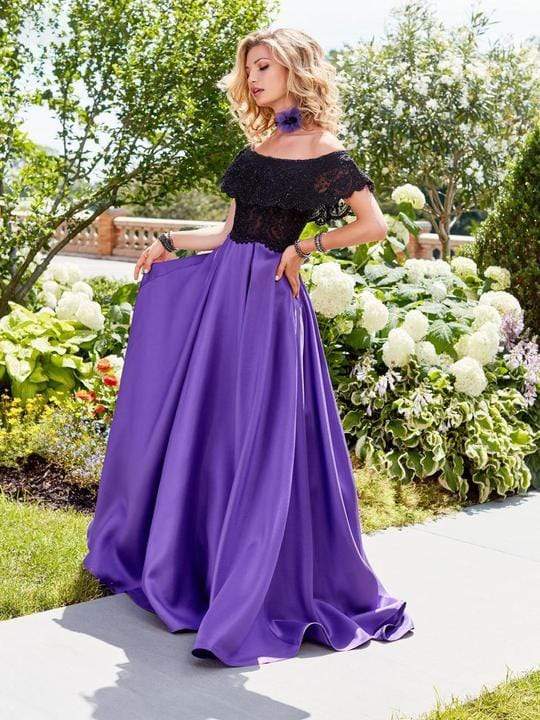 Clarisse - Off Shoulder Lace Pleated Gown 3582 - 1 pc Black/Purple In Size 8 Available CCSALE 8 / Black/Purple