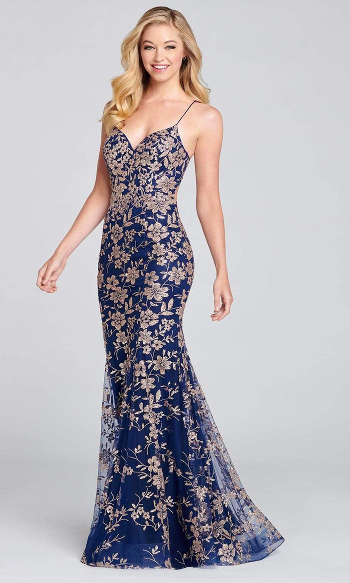 Colette for Mon Cheri - CL12104 Sleeveless Glitter Tulle Mermaid Gown Evening Dresses 00 / Gold/Navy