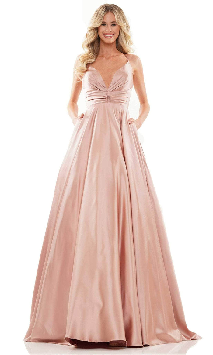 Colors Dress G1089 - V-Neck Ruched Satin Ballgown Prom Dresses 00 / Cappuccino