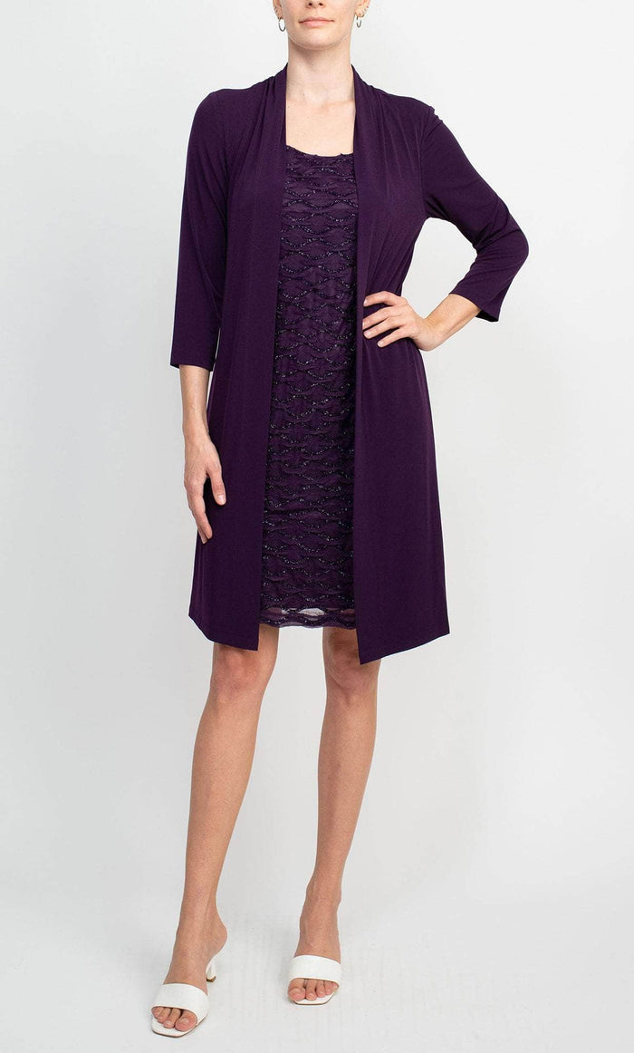 Connected Apparel TKH40623 - Metallic Long Sleeve Evening Dress Semi Formal 10 / Aubergine