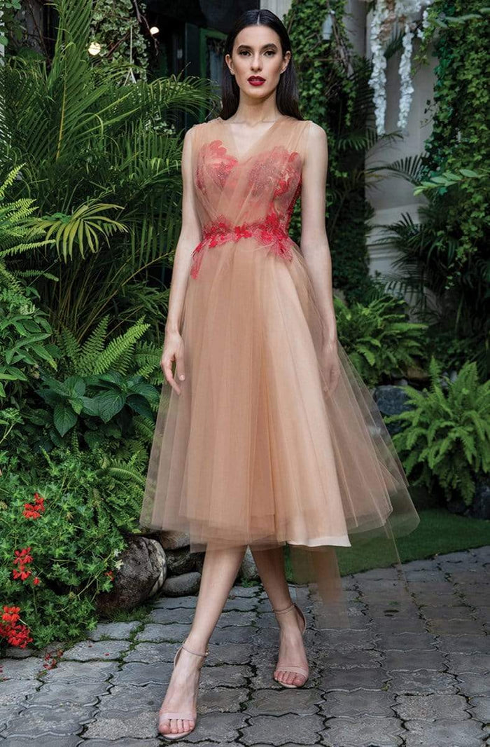 Cristallini - Embroidered Ornate Tulle A-Line Dress SKA735 - 1 pc Red/Nude In Size M Available CCSALE M / Red/Nude