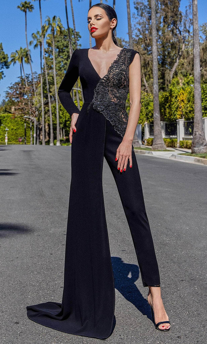 Cristallini SKA1405 - V-Neck Embellished Jumpsuit Special Occasion Dress XS / Black