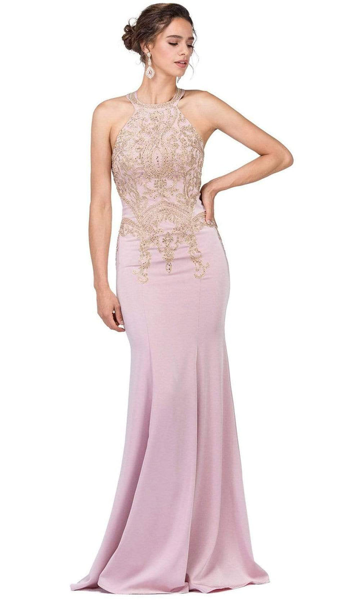 Dancing Queen - 2457 Gold Applique Halter Trumpet Prom Dress – Couture ...
