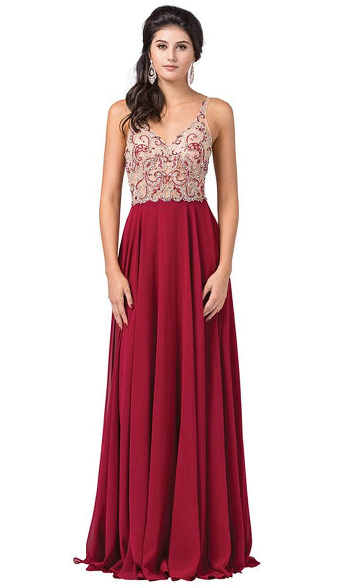 Dancing Queen - 2513 Beaded Embellished Illusion Bodice Chiffon Gown Prom Dresses XS / Burgundy