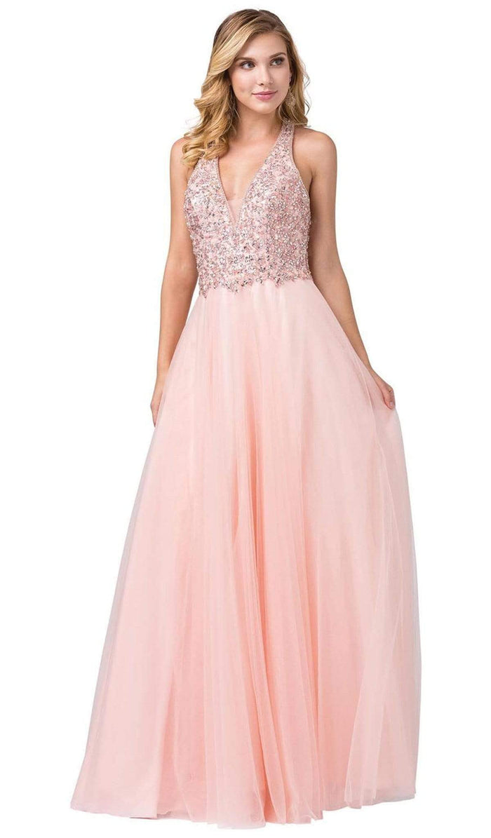 Dancing Queen - 2532 Beaded Sheer Deep Halter V-neck A-line Gown - 1 pc Blush In Size S Available CCSALE S / Blush