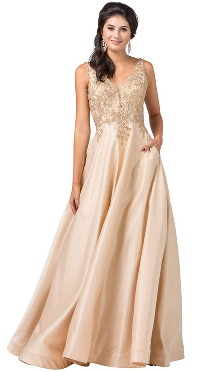 Dancing Queen - 2533 Gold Embellished Lace Bodice Satin A-Line Gown Special Occasion Dress XS / Champagne