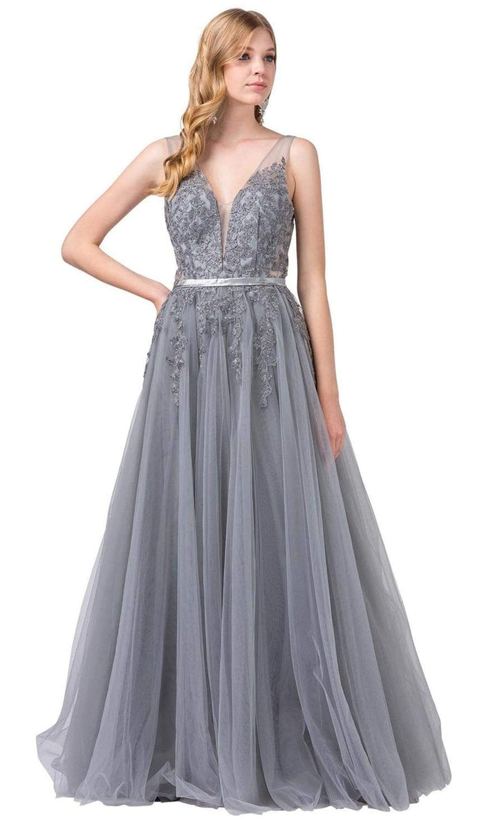 Dancing Queen - 2596 Illusion Plunging Neck Floral Applique Tulle Gown Special Occasion Dress XS / Silver