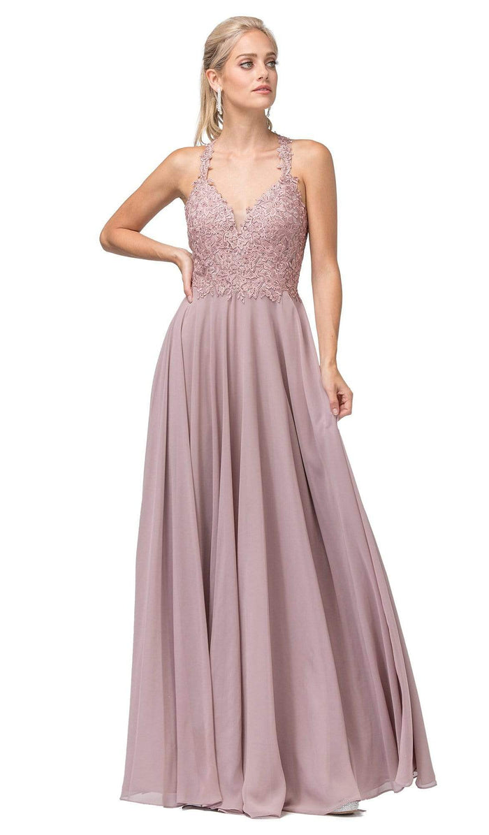 Dancing Queen - 2621 Embroidered Deep V-neck A-line Gown Prom Dresses XS / Mocha