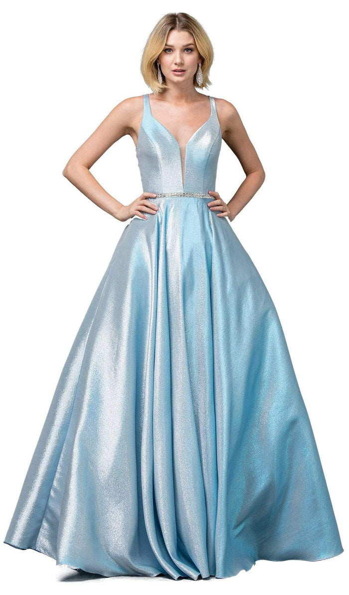 Dancing Queen - 2853 Plunging V Neck Beaded Back Pleated Ballgown Prom Dresses XS / Aqua