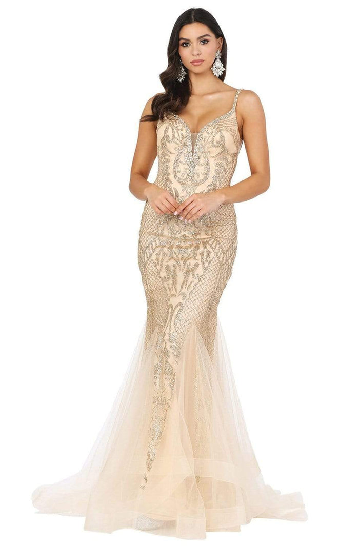 Dancing Queen - 2972 Embellished Tulle Godets Trumpet Prom Dress Evening Dresses XS / Champagne