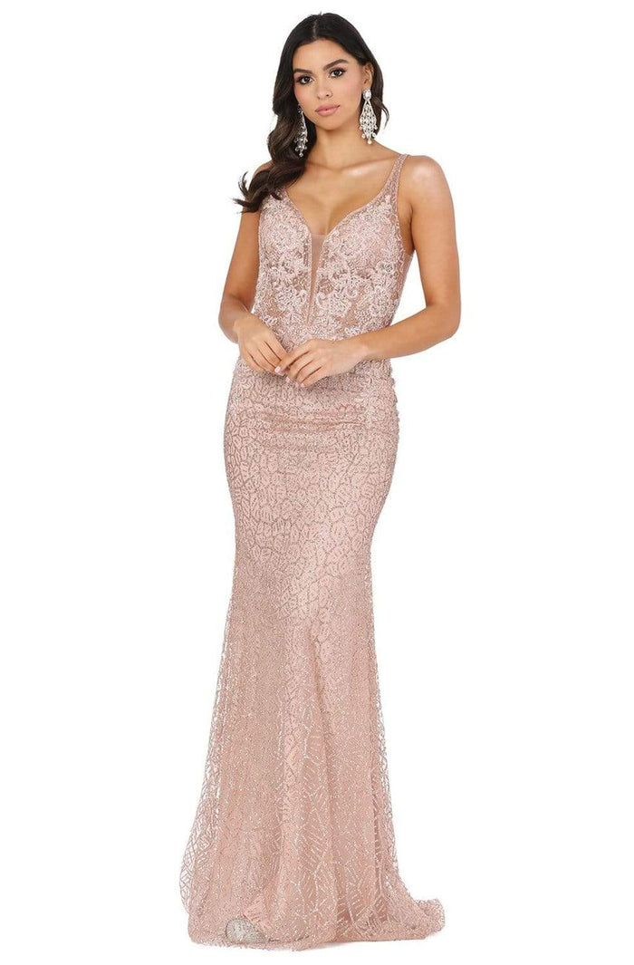 Dancing Queen - 2985 Embellished Deep V-neck Trumpet Dress Prom Dresses XS / Rose Gold