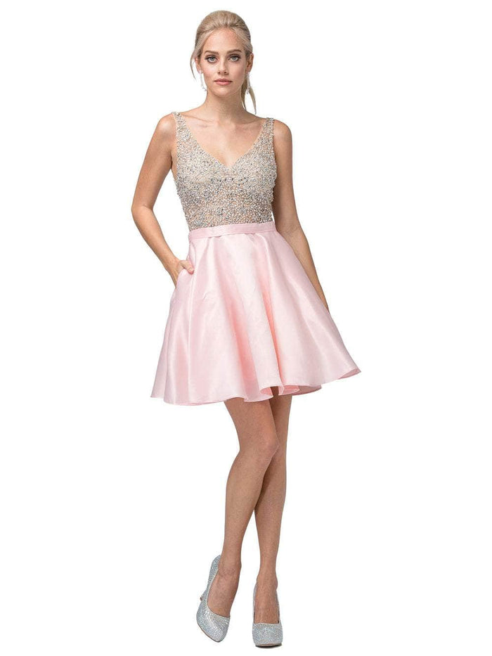 Dancing Queen - 3092 Bejeweled V-neck A-line Homecoming Dress Cocktail Dresses XS / Blush