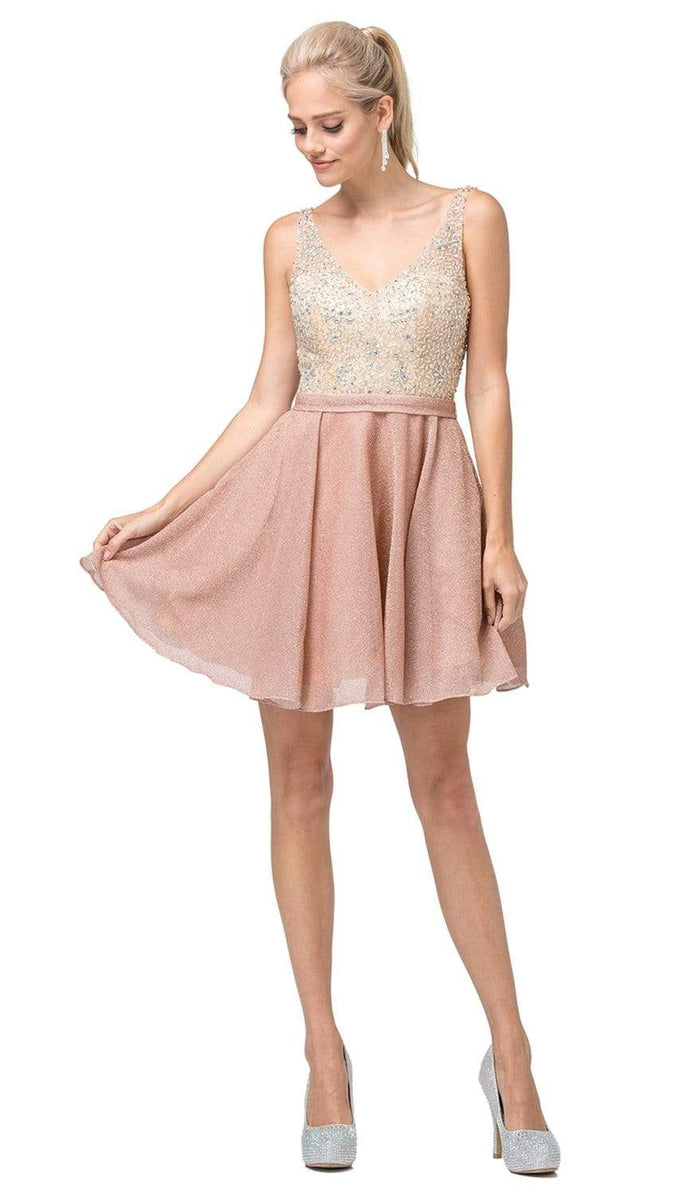 Dancing Queen - 3130 Sleeveless V Neck Beaded Top A-Line Dress Homecoming Dresses XS / Rose Gold