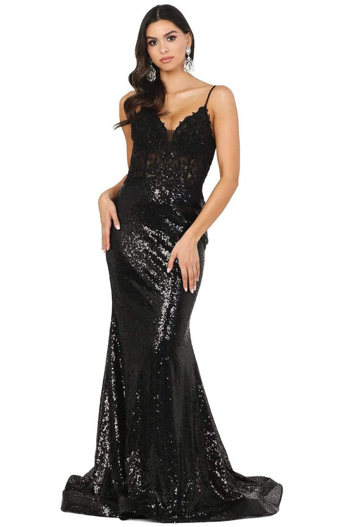 Dancing Queen - 4066 Sequin Embellished Deep V-neck Trumpet Dress Pageant Dresses XS / Black