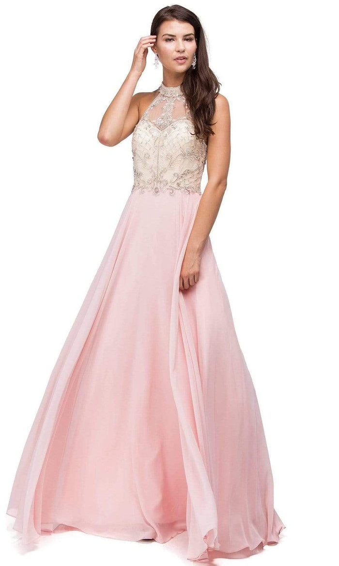 Dancing Queen - 9293 Embellished Illusion Halter Choker Neck Chiffon A-Line Dress - 1 pc Blush In Size L Available CCSALE L / Blush