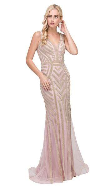 Dancing Queen - Beaded Plunging Fitted Prom Gown 2391 - 1 pc Dusty Pink/Gold In Size 3XL Available CCSALE 3XL / Dusty Pink/Gold