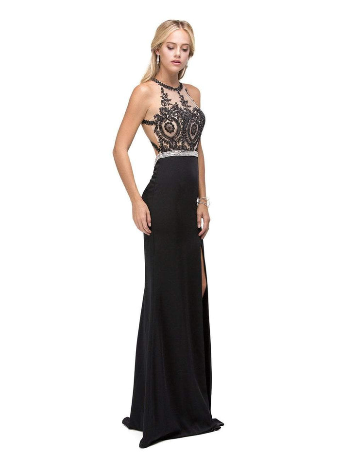 Dancing Queen Bridal - 9702 Elegant Beaded Jeweled Illusion Long Prom Dress Prom Dresses XS / Black