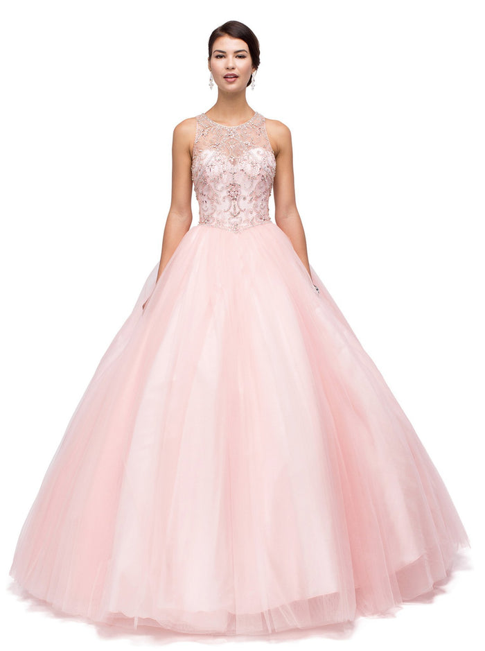 Dancing Queen - Embellished Illusion Jewel Neckline Quinceanera Ball Gown 1160 CCSALE XL / Blush