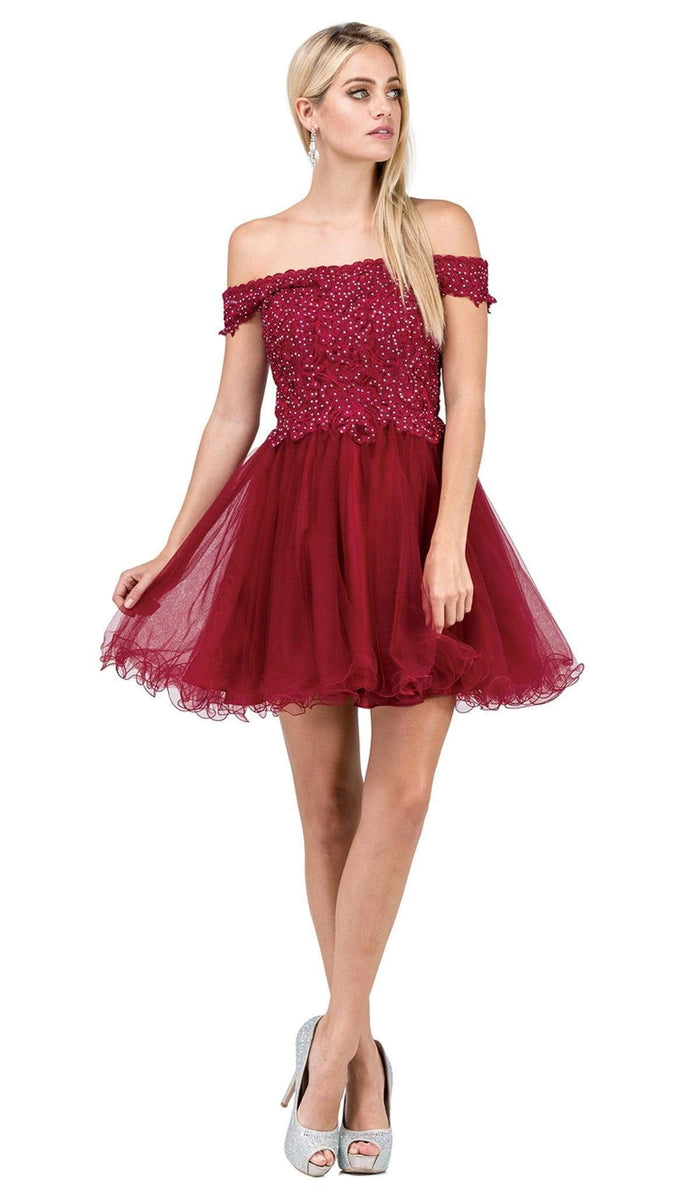 Dancing Queen Embellished Off-Shoulder A-line Homecoming Dress 3018 - 1 pc Burgundy In Size XS Available CCSALE XS / Burgundy