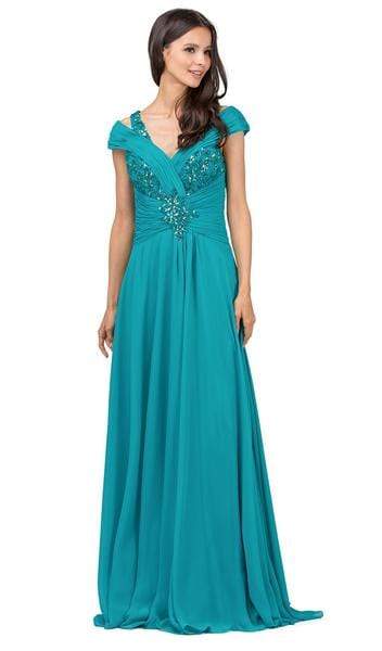 Dancing Queen - Embellished Ruched V-neck A-line Prom Dress 9043 - 1 pc Teal In Size S Available CCSALE S / Teal