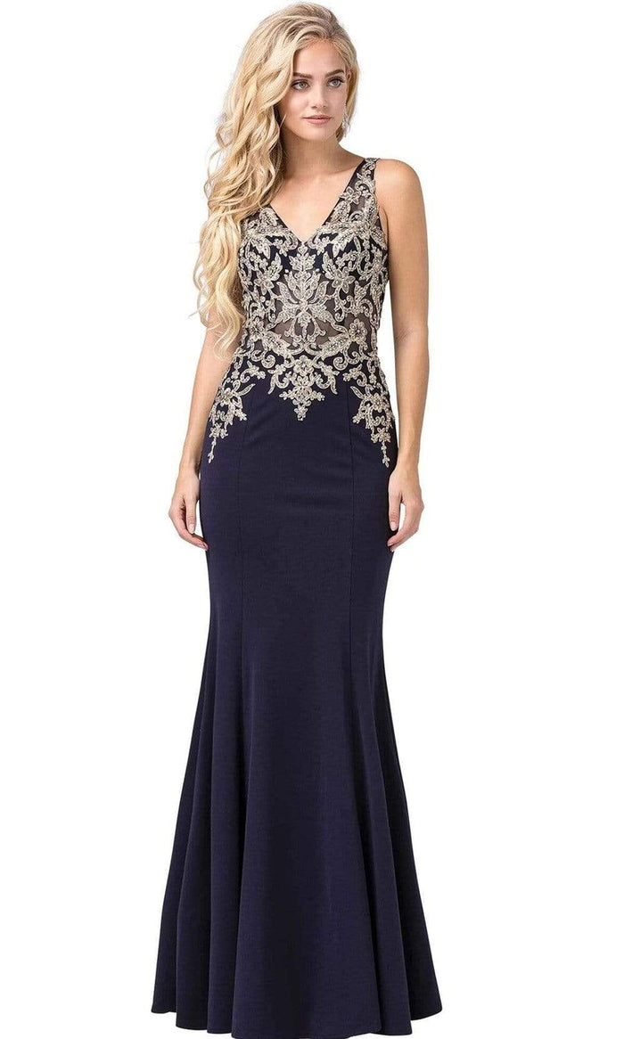 Dancing Queen - Embellished V-Neck Fitted Long Gown 2496 - 1 pc Navy In Size S Available CCSALE S / Navy