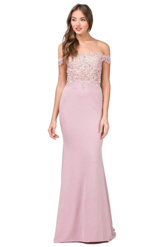 Dancing Queen - Floral Embroidered Illusion Off Shoulder Prom Dress 2274 CCSALE M / Dusty Pink