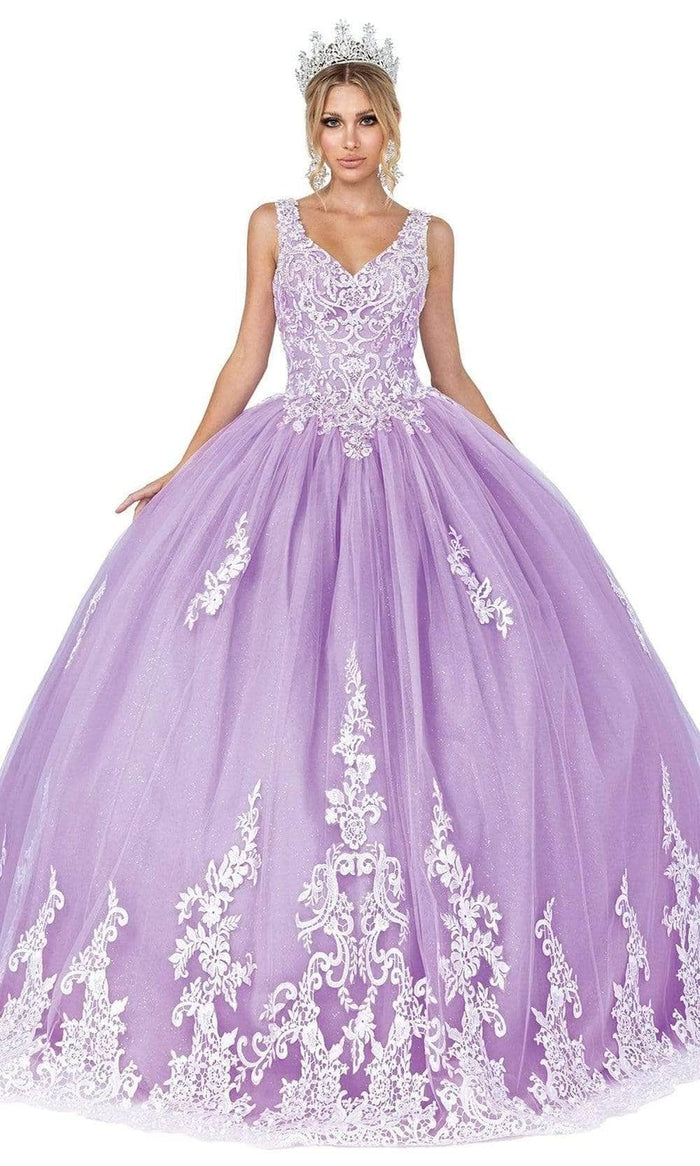 Dancing Queen - Lace Appliqued V-Neck Ballgown 1608 Quinceanera Dresses XS / Lilac