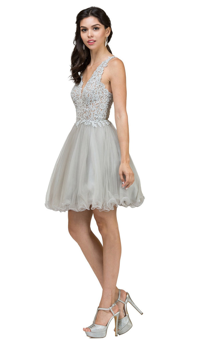 Dancing Queen - Lace Rhinestone Embellished Cocktail Dress 2054 CCSALE S / Silver