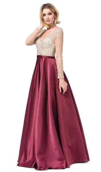 Dancing Queen - Long Sleeve Beaded High Slit Satin Dress 2840 - 1 pc Burgundy In Size 2XL Available CCSALE 2XL / Burgundy