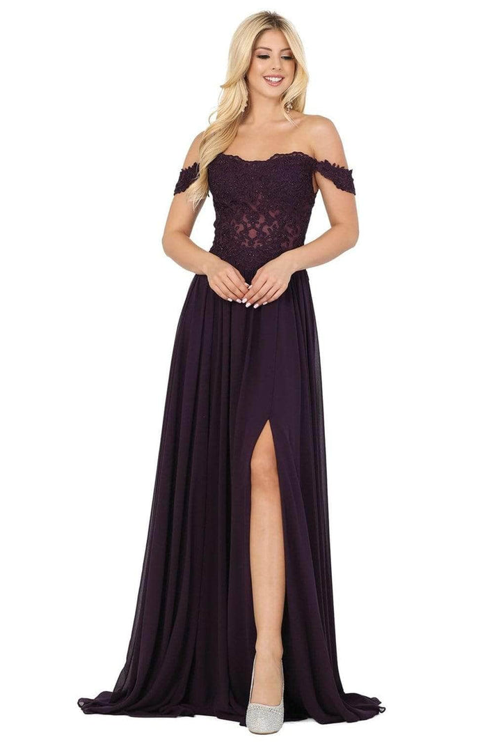 Dancing Queen - Off Shoulder Lace Gown with Lace 2933 - 1 pc Plum In Size XS Available CCSALE XS / Plum