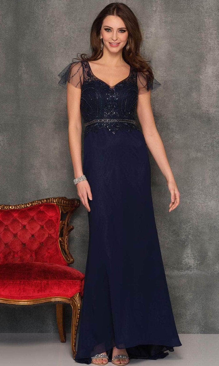 Dave & Johnny 10081 - Beaded Illusion V-Neck Prom Gown Special Occasion Dress 00 / Navy