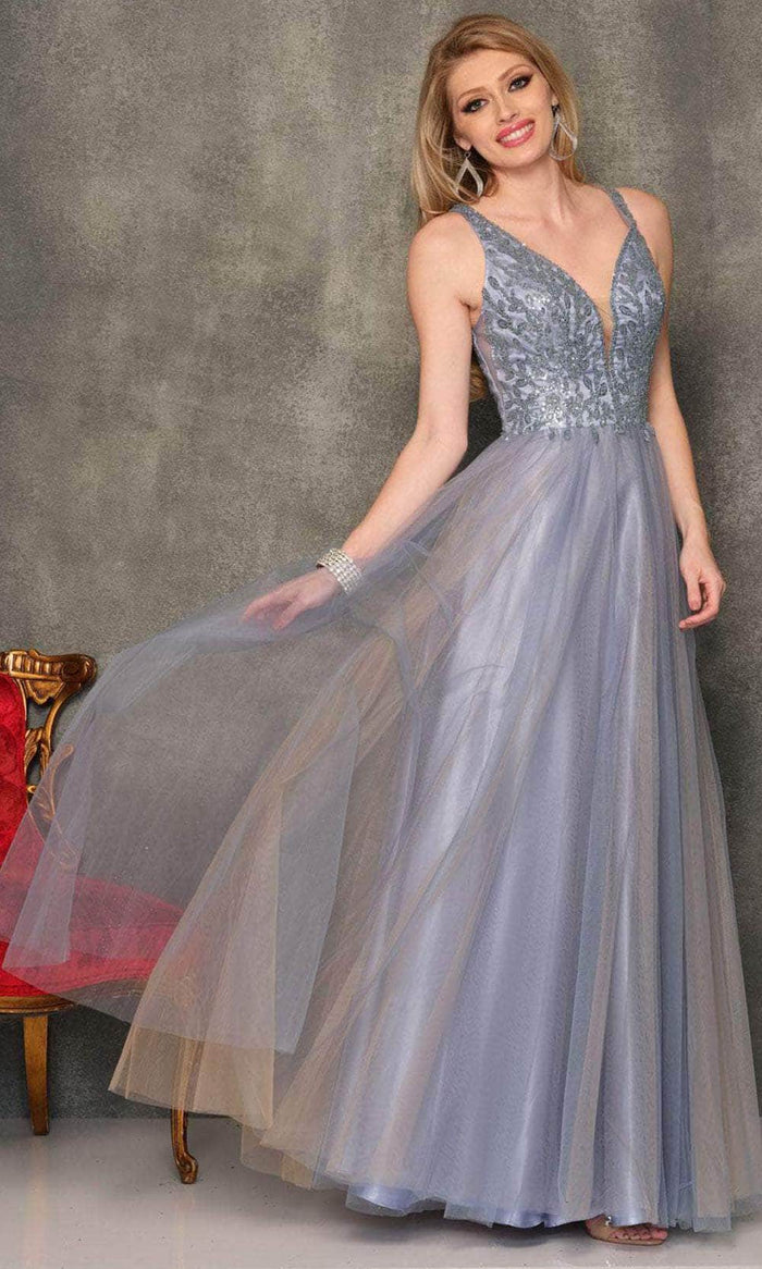 Dave & Johnny 10771 - Plunging V-Neck Long Prom Gown Special Occasion Dress 00 / Smoke Blue